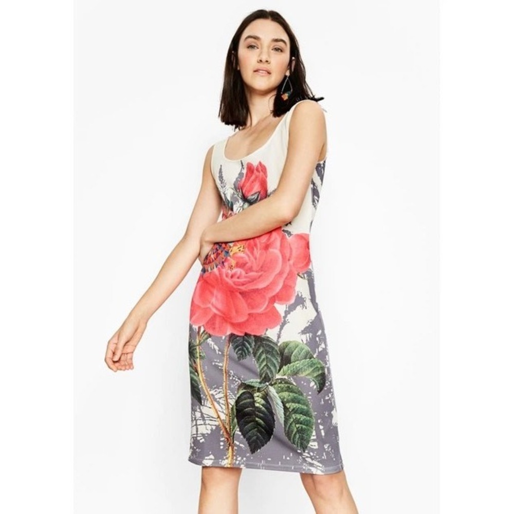 Desigual Womens Floral Rose Palm Tree Graphic Sleeveless Sheath Dress Cream L